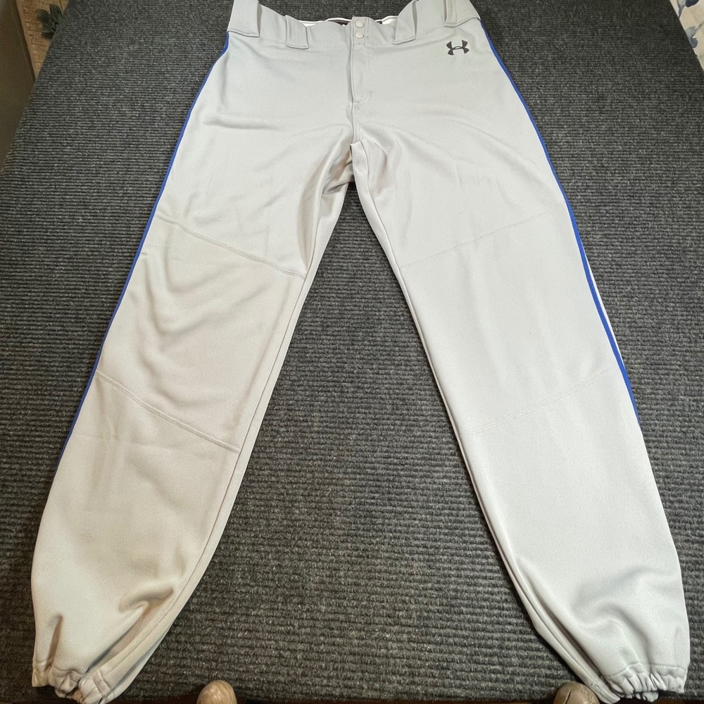 Under Armour Mens XL Baseball Pants Gray Blue Stripe Elastic Bottom 1304729